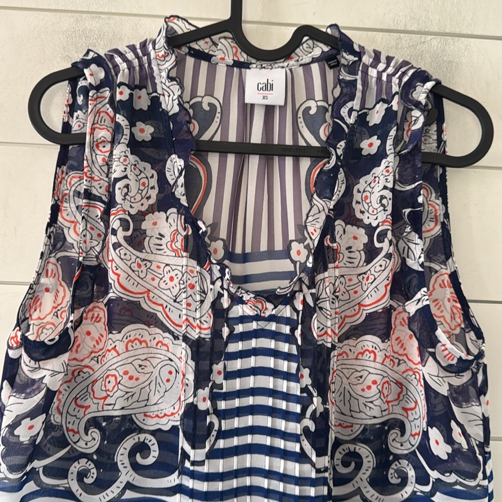 Cabi XS (generous) Floral Paisley Striped Peplum Sheer Ruffled Trim V-Neck Top - Picture 4 of 12